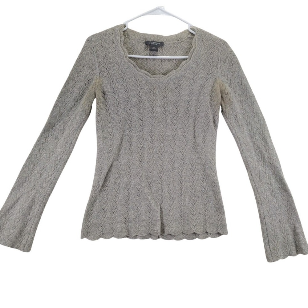 Ann Taylor Cashmere Metallic Knit Scallop Neck Long Sleeve Sweater Top XS‎
